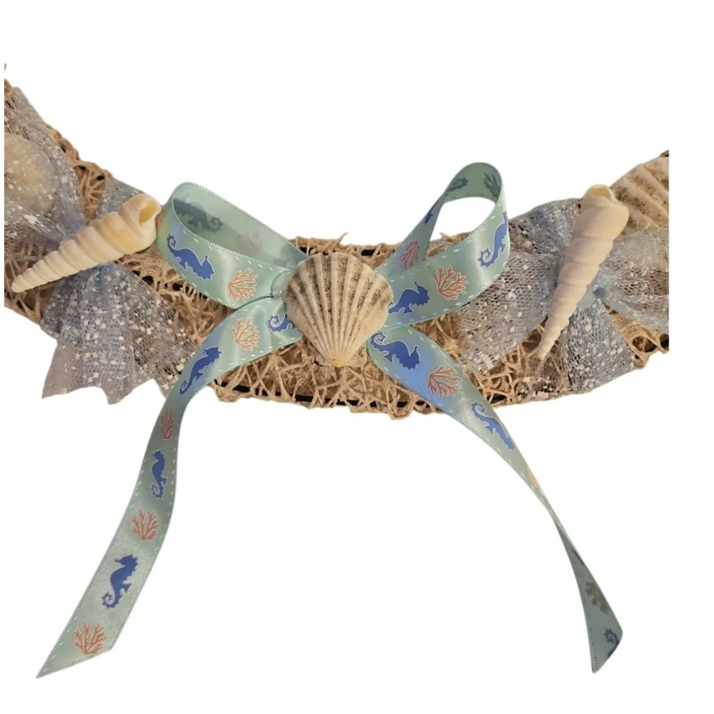 Seashell Ribbon Wreath Handmade Coastal Wall Decor